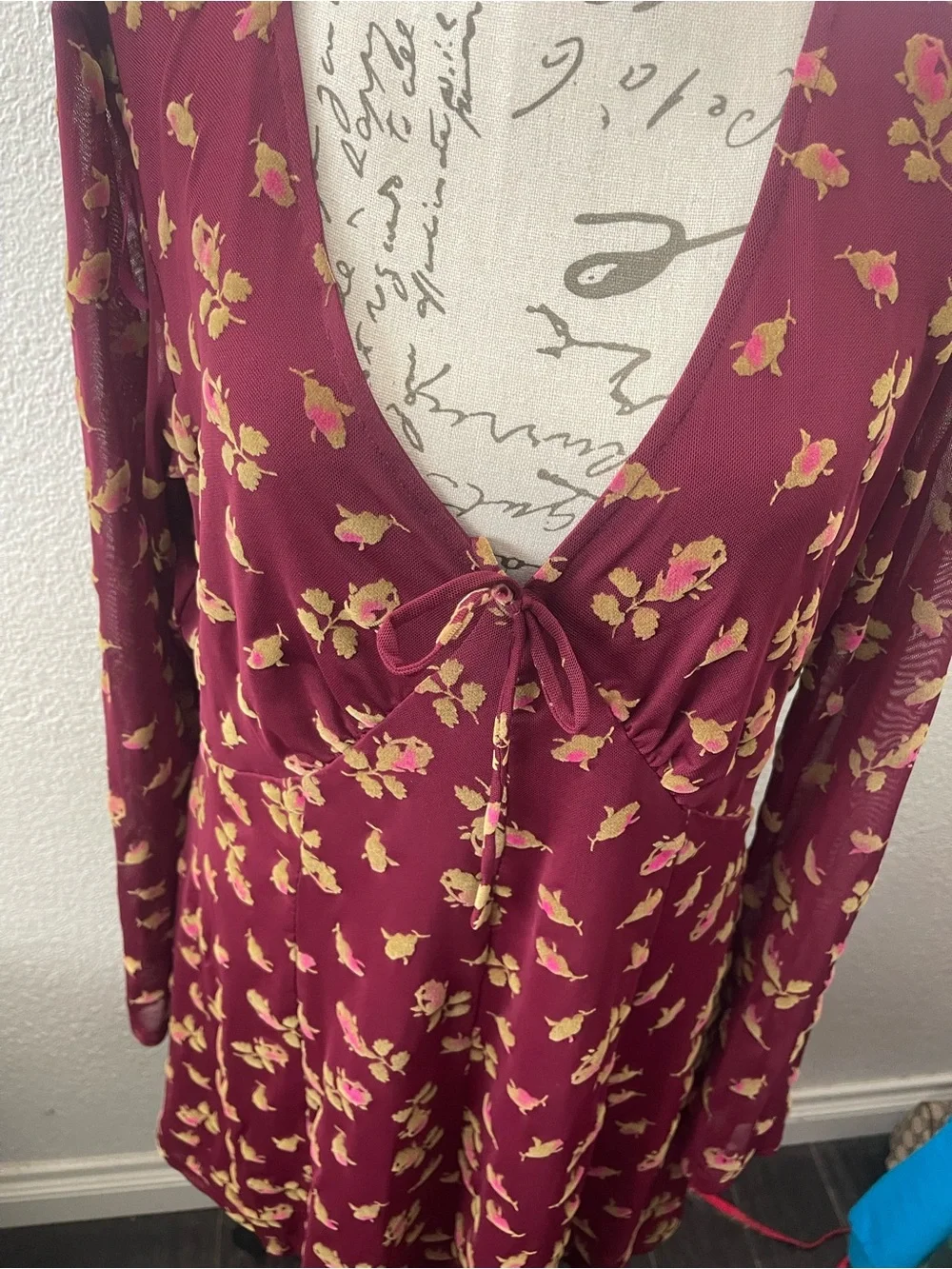 Betsey Johnson Burgundy Floral Long-Sleeve Mesh Midi Dress - Picture 2 of 8